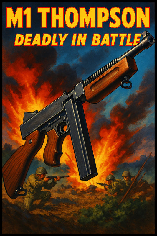 M1 THOMPSON TOMMY GUN POSTER - VINTAGE WWII SUBMACHINE GUN MILITARY ART