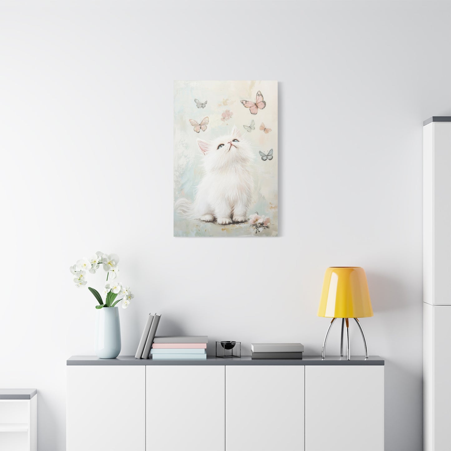 Cute White Cat and Butterflies Canvas Art – Whimsical Floating Kitten