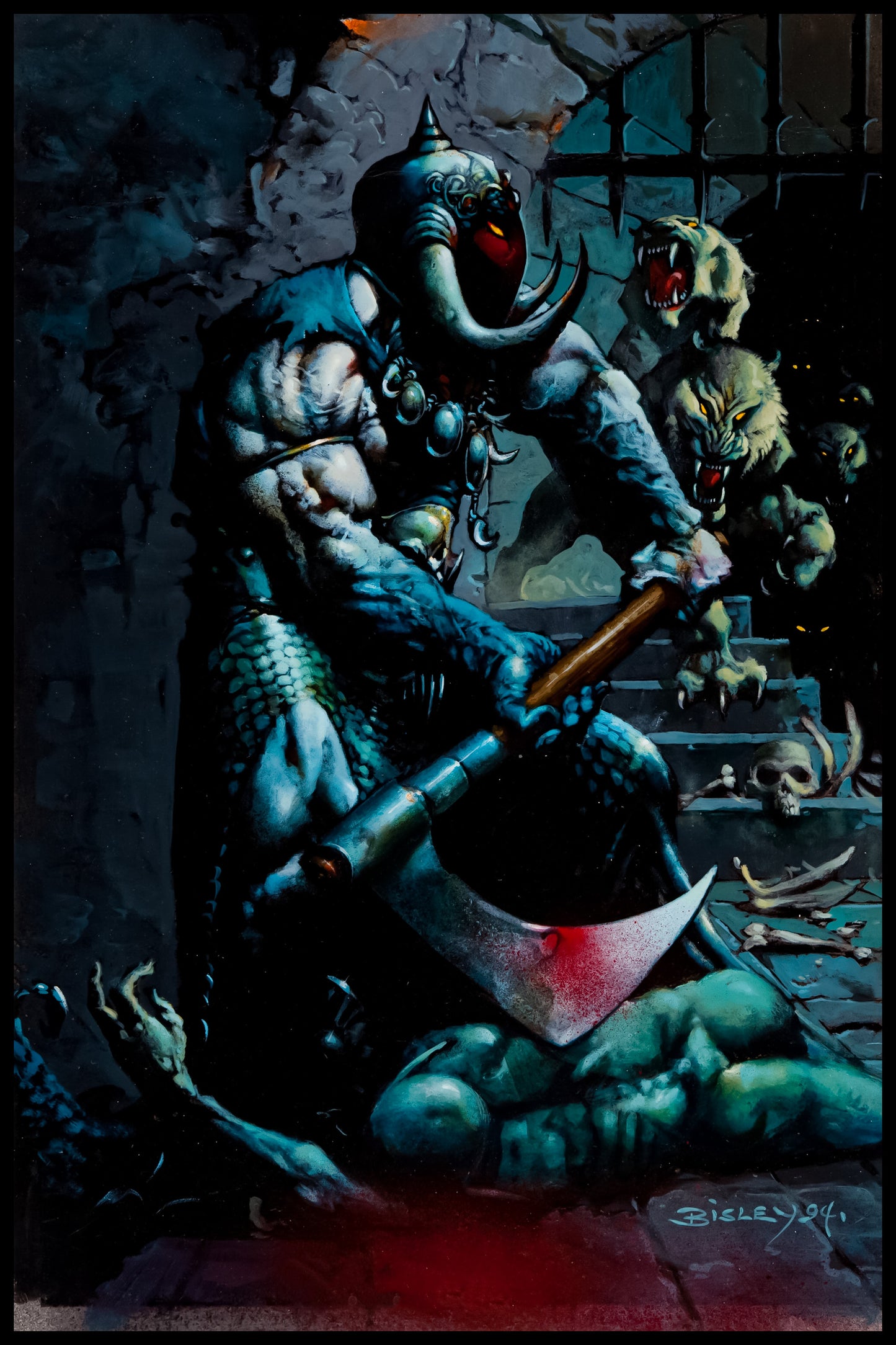SIMON BISLEY DEATH DEALER POSTER – BLOODY DUNGEON EXECUTION SCENE WITH MONSTERS AND AXE