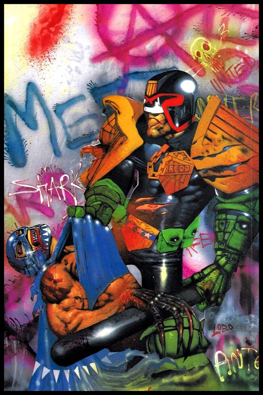 SIMON BISLEY JUDGE DREDD POSTER – 1993 COVER ART WITH GRAFFITI WALL AND MASKED ENEMY