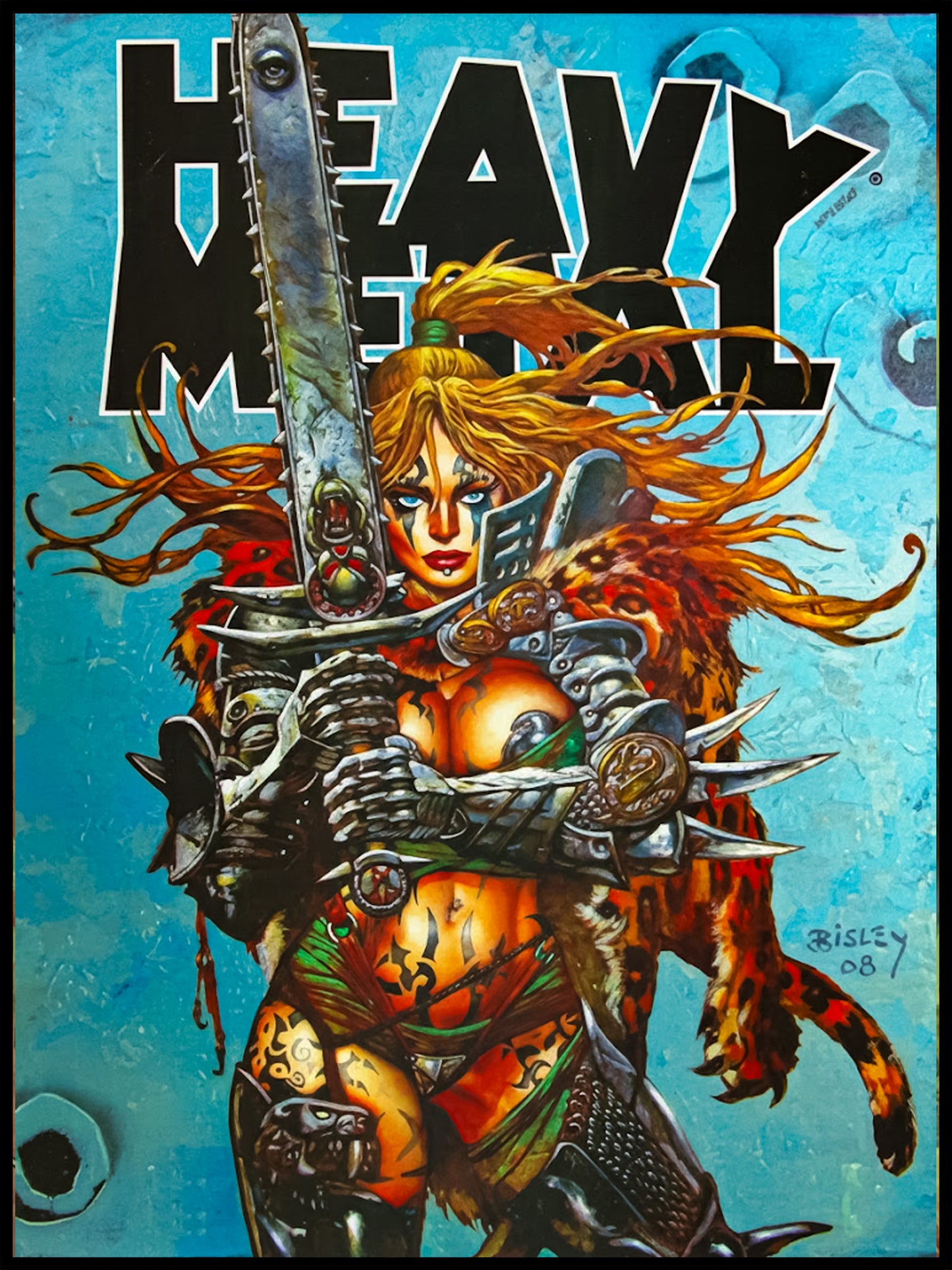 SIMON BISLEY HEAVY METAL POSTER WITH CHAINSWORD WARRIOR WOMAN COVER ART