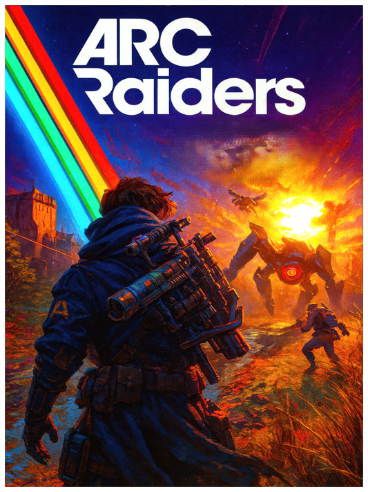 ARC RAIDERS POSTER - RETRO SCI-FI SHOOTER STYLE - ROBOT INVASION ACTION SCENE