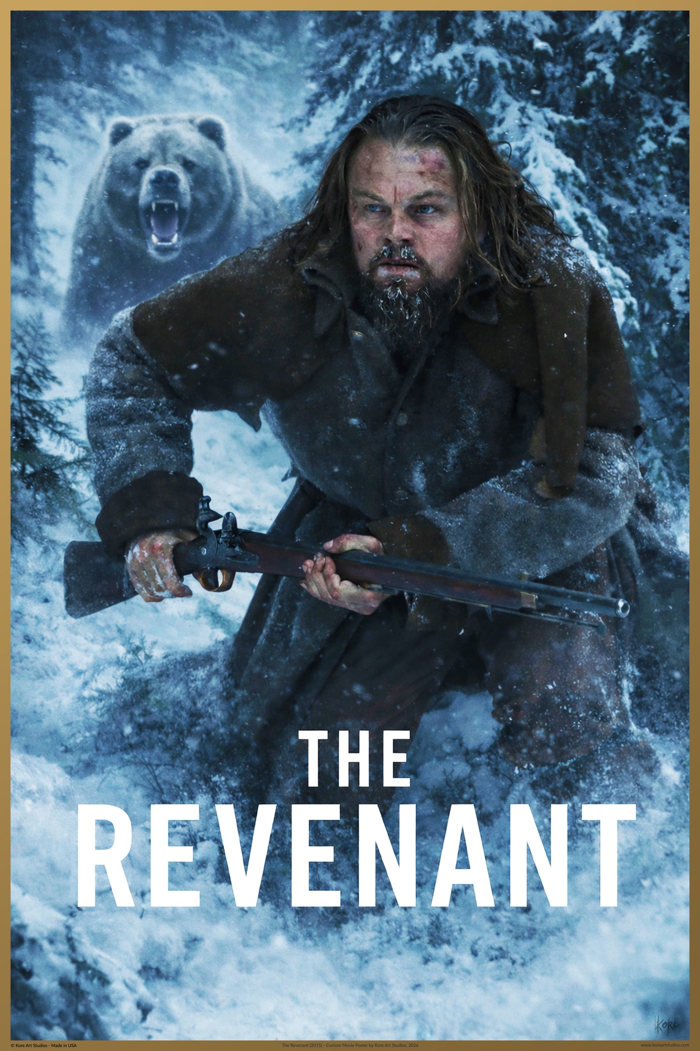 THE REVENANT - BEAR ATTACK SURVIVAL POSTER - LEO IN SNOWSTORM ESCAPE - KORE ART STUDIOS