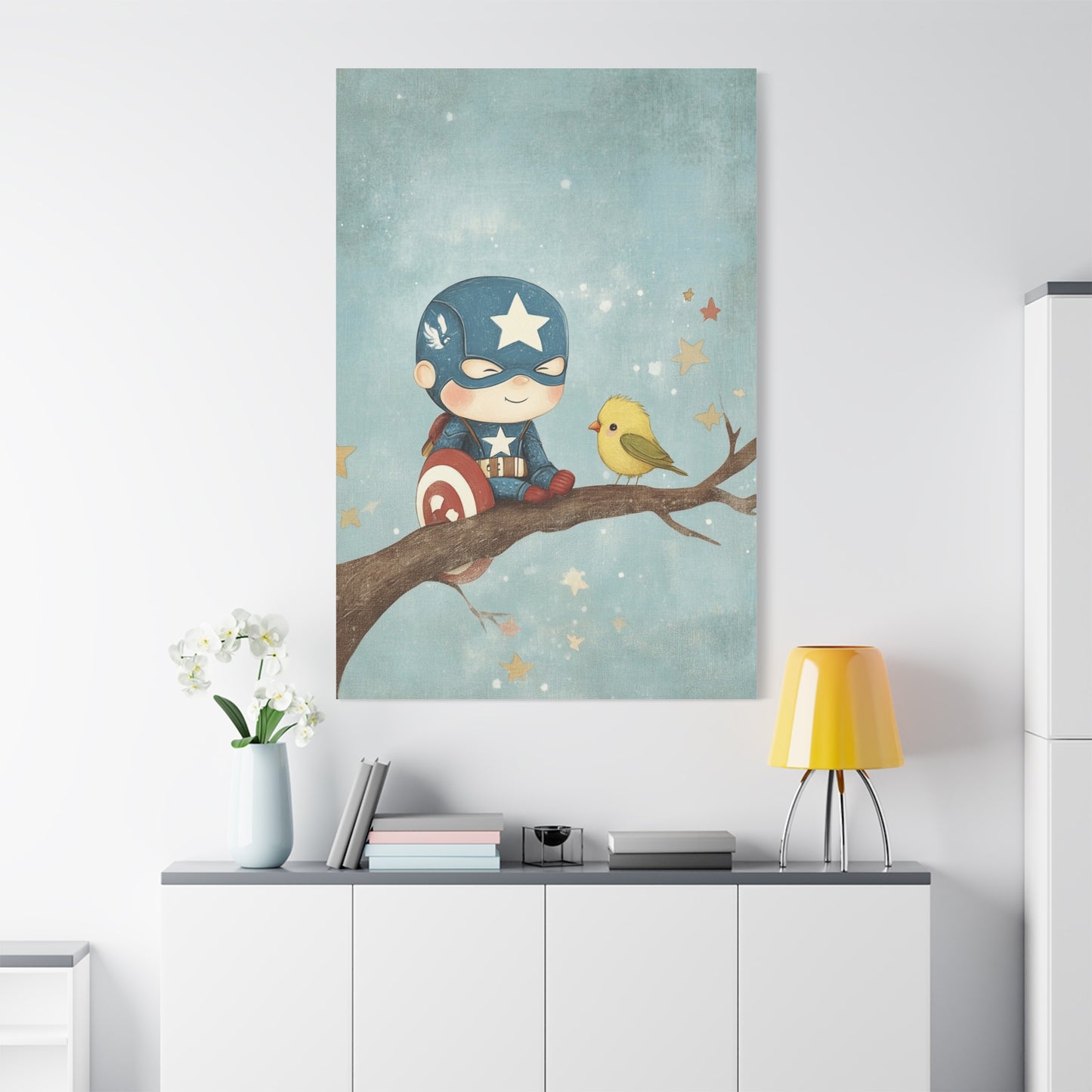 Mini Captain Amercia and Bird Canvas Art – Whimsical Superhero with Nature