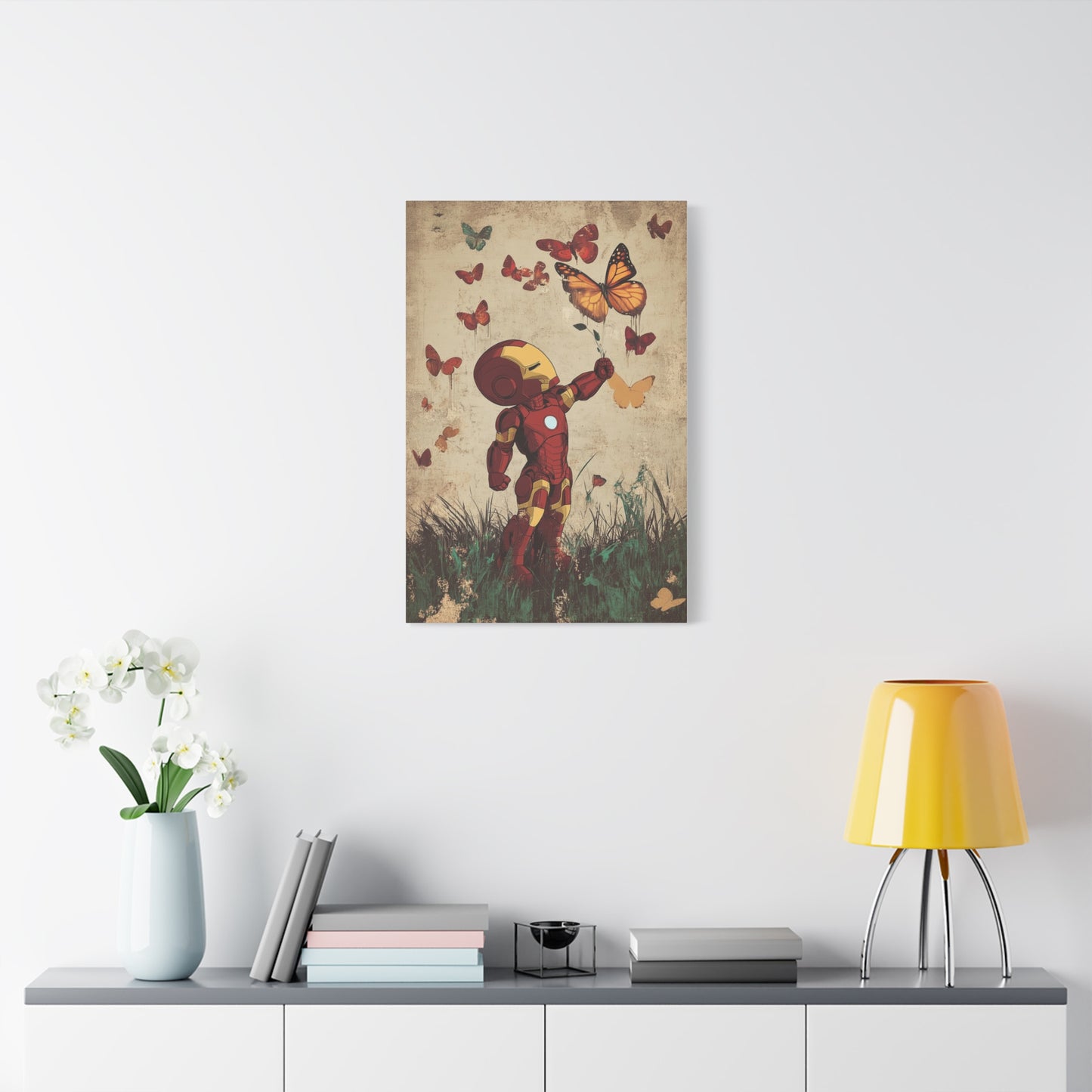 Iron Man and Butterflies Canvas Art – Whimsical Armored Hero in Nature, Matte Stretched Canvas