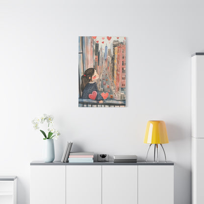 Girl Love and NYC Canvas Art II – Whimsical Cityscape with Floating Hearts