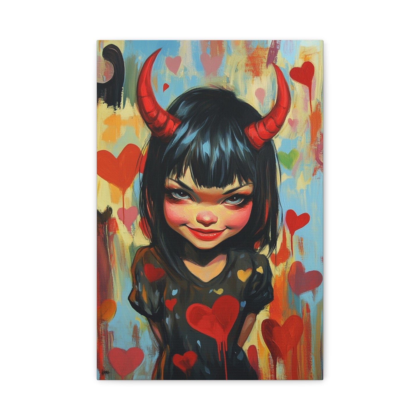 Evil Smile Evil Girl Canvas Print – Dark Fantasy Mischievous Art, Matte Stretched Canvas