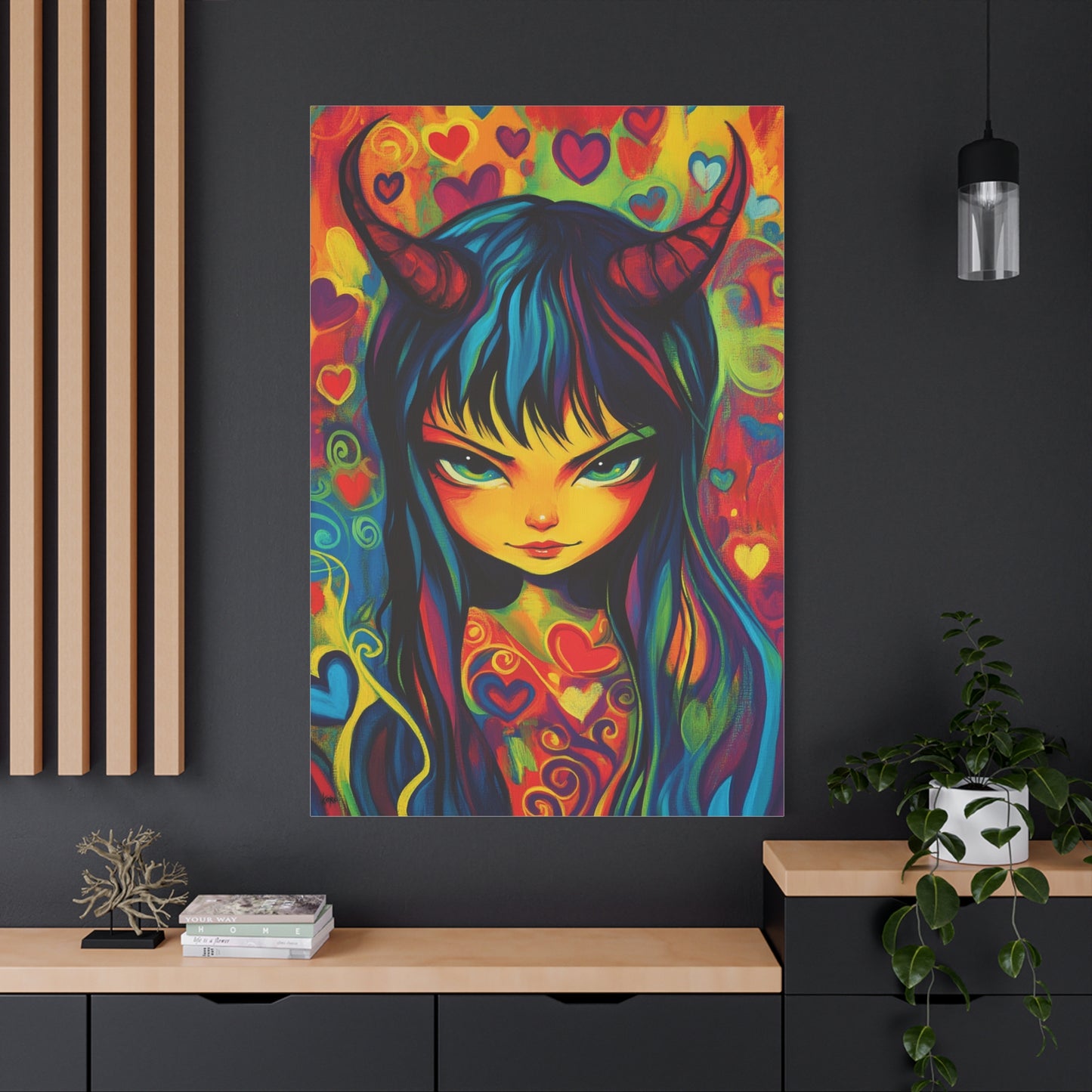 Colorful Evil Girl Canvas Print – Vibrant Psychedelic Fantasy Art, Matte Stretched Canvas