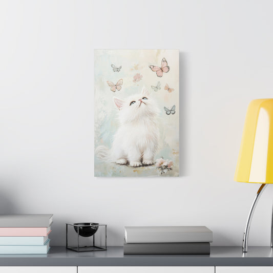 Cute White Cat and Butterflies Canvas Art – Whimsical Floating Kitten