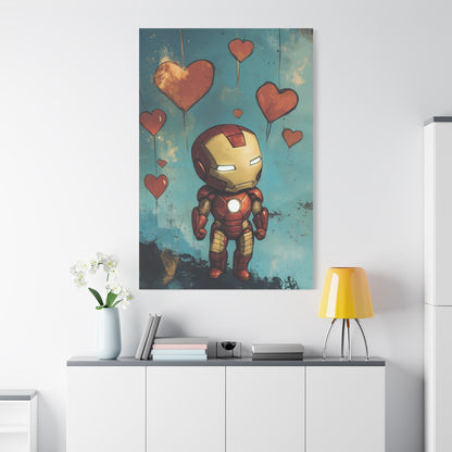 Iron Man and Hearts Canvas Art – Whimsical Armored Hero with Floating Hearts, Matte Stretched Canvas