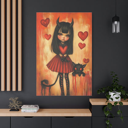 Gothic Evil Girl Canvas Print – Dark Fantasy Art with Red & Black Aesthetic, Matte Stretched Canvas