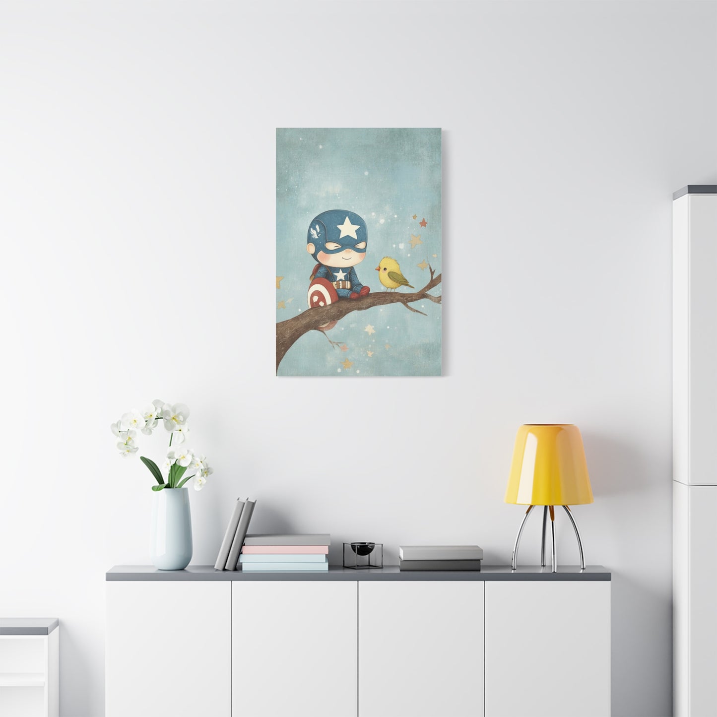 Mini Captain Amercia and Bird Canvas Art – Whimsical Superhero with Nature