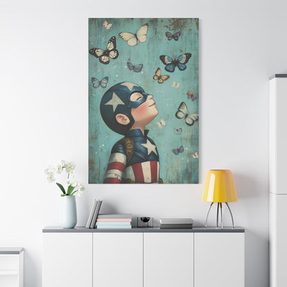 Mini Captain America Hero Canvas Art – Whimsical Young Superhero with Butterflies