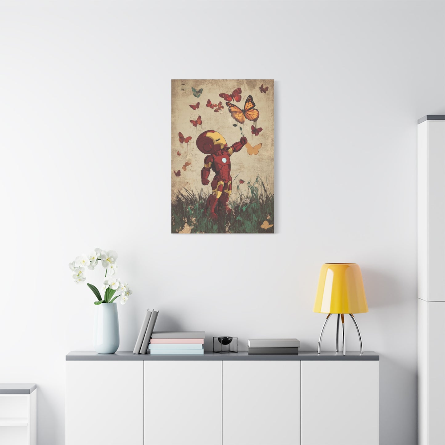 Iron Man and Butterflies Canvas Art – Whimsical Armored Hero in Nature, Matte Stretched Canvas