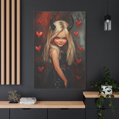 Blond Evil Girl Canvas Print – Dark Fantasy Art with Mischievous Charm, Matte Stretched Canvas