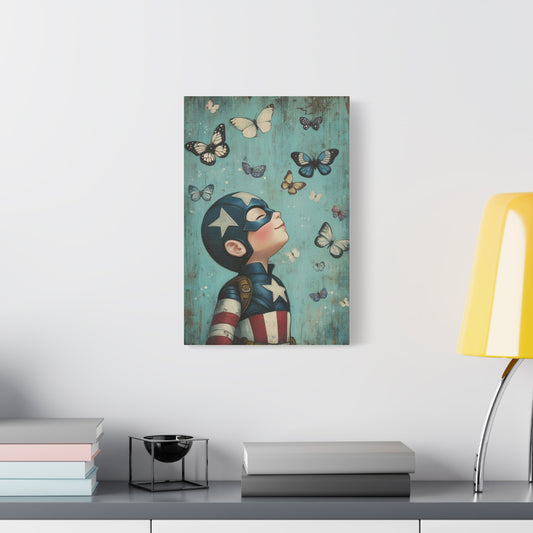 Mini Captain America Hero Canvas Art – Whimsical Young Superhero with Butterflies