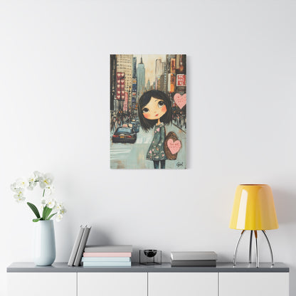 Girl Love and NYC Canvas Art III – Whimsical Cityscape with Floating Hearts