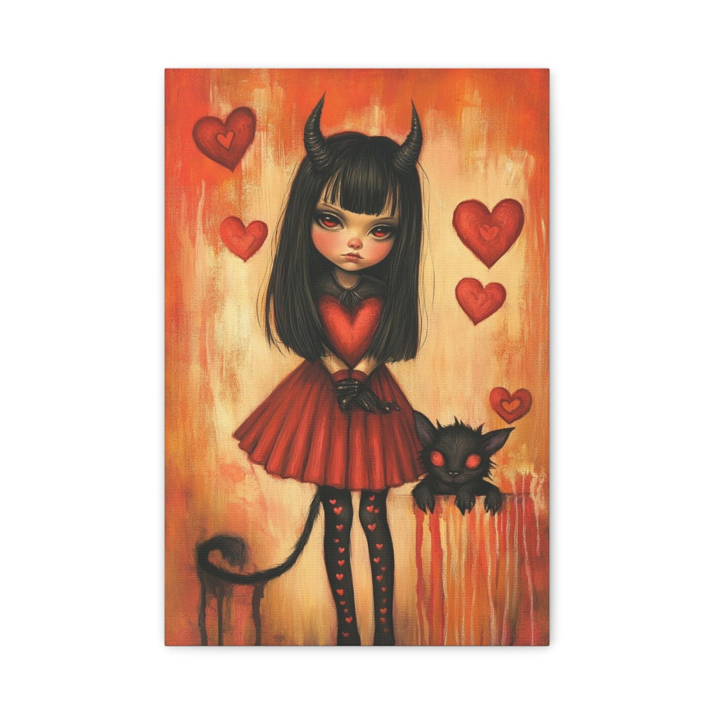 Gothic Evil Girl Canvas Print – Dark Fantasy Art with Red & Black Aesthetic, Matte Stretched Canvas