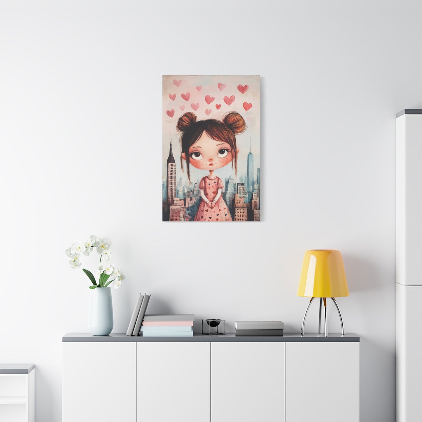 Girl Love and NYC Canvas Art – Whimsical Cityscape with Floating Hearts