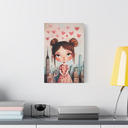 Girl Love and NYC Canvas Art – Whimsical Cityscape with Floating Hearts