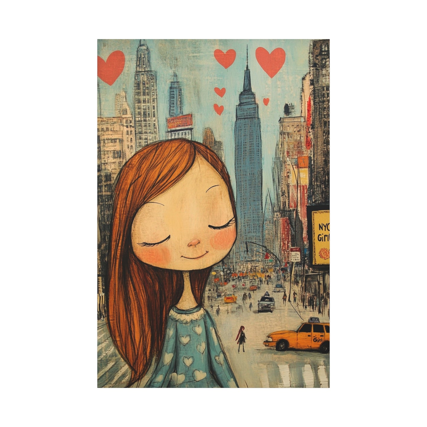 Girl Love and NYC Canvas Art IV – Whimsical Cityscape with Floating Hearts