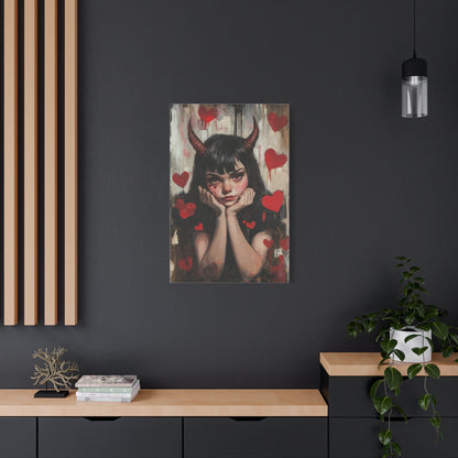 Evil Girl Gothic Canvas Print – Dark Fantasy Art with Horns & Hearts, Matte Stretched Canvas