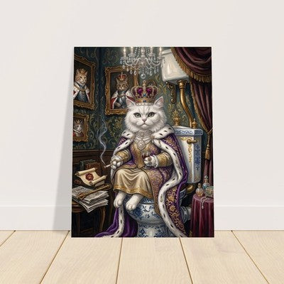Royal White Cat on the Throne Funny Bathroom Wall Art Vintage Oil Painting Print 2