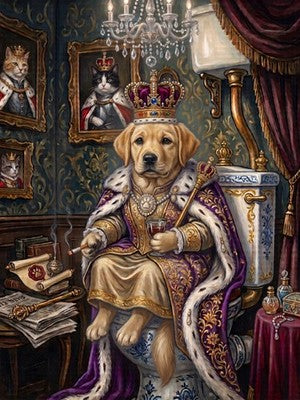 Royal Golden Retriever on the Throne Funny Bathroom Wall Art Vintage Dog Print