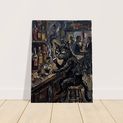 Grumpy Black Cat Smoking at Bar Moody Vintage Oil Painting Print Funny Cat Art 3