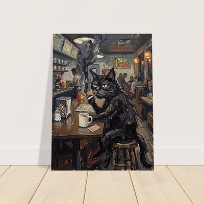 Grumpy Black Cat at 24 Hour Diner Moody Vintage Oil Painting Print Funny Art 3