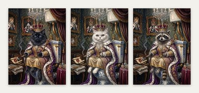 Royal Bathroom Cats Set of 3 Posters Black Cat White Cat Raccoon Throne Wall Art