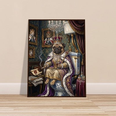 Royal Pug on the Throne Framed Funny Bathroom Wall Art Vintage Dog Portrait