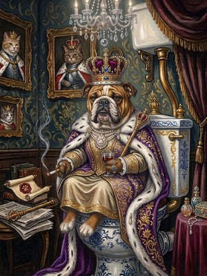 Royal English Bulldog on the Throne Funny Bathroom Wall Art Vintage Dog Print