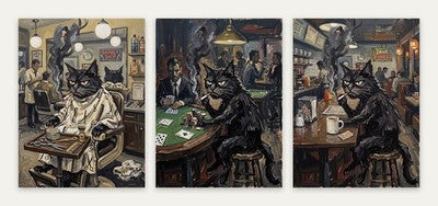 Grumpy Black Cat Set of 3 Posters Barber Shop Poker Diner Moody Vintage Wall Art
