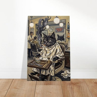 Grumpy Black Cat at the Barber Shop Moody Vintage Oil Painting Print Funny Art 2