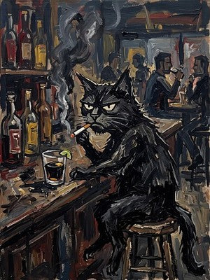 Grumpy Black Cat Smoking at Bar Moody Vintage Oil Painting Print Funny Cat Art