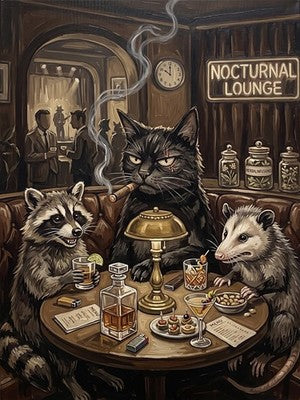 Black Cat Raccoon Opossum at Nocturnal Lounge Moody Vintage Funny Animal Art