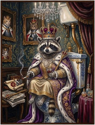 Royal Raccoon on the Throne Framed Funny Bathroom Wall Art Vintage Oil Print 2
