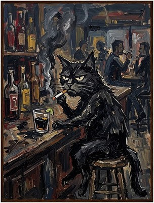 Grumpy Black Cat Smoking at Bar Framed Moody Vintage Oil Painting Funny Art 2