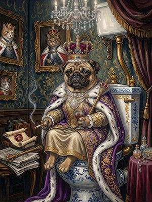 Royal Pug on the Throne Funny Bathroom Wall Art Vintage Oil Painting Dog Print