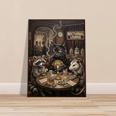 Black Cat Raccoon Opossum Nocturnal Lounge Framed Moody Vintage Animal Art