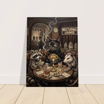 Black Cat Raccoon Opossum at Nocturnal Lounge Moody Vintage Funny Animal Art 3