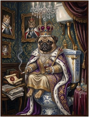 Royal Pug on the Throne Framed Funny Bathroom Wall Art Vintage Dog Portrait 2