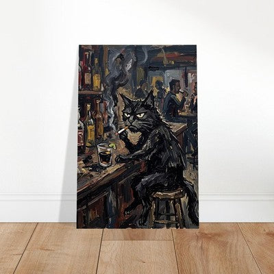 Grumpy Black Cat Smoking at Bar Moody Vintage Oil Painting Print Funny Cat Art 2