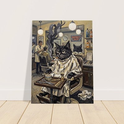 Grumpy Black Cat at the Barber Shop Moody Vintage Oil Painting Print Funny Art 3