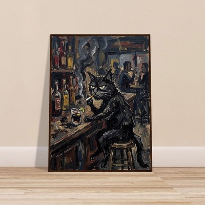 Grumpy Black Cat Smoking at Bar Framed Moody Vintage Oil Painting Funny Art