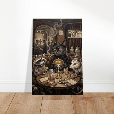 Black Cat Raccoon Opossum at Nocturnal Lounge Moody Vintage Funny Animal Art 2
