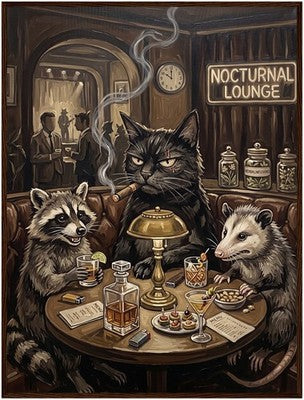Black Cat Raccoon Opossum Nocturnal Lounge Framed Moody Vintage Animal Art 2