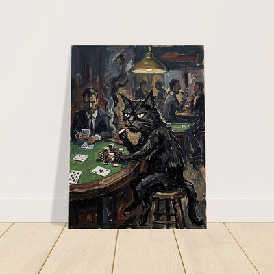 Grumpy Black Cat Playing Poker Moody Vintage Oil Painting Print Game Room Art 3