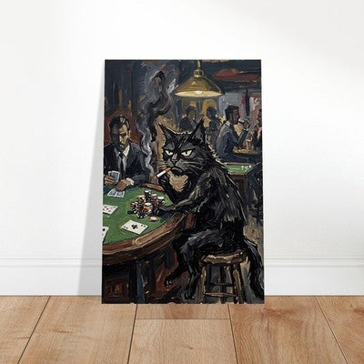 Grumpy Black Cat Playing Poker Moody Vintage Oil Painting Print Game Room Art 2